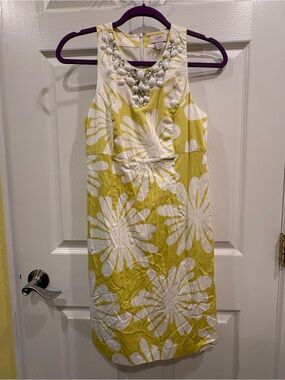 LOFT Yellow and White Floral Midi Dress with Beaded Neckline